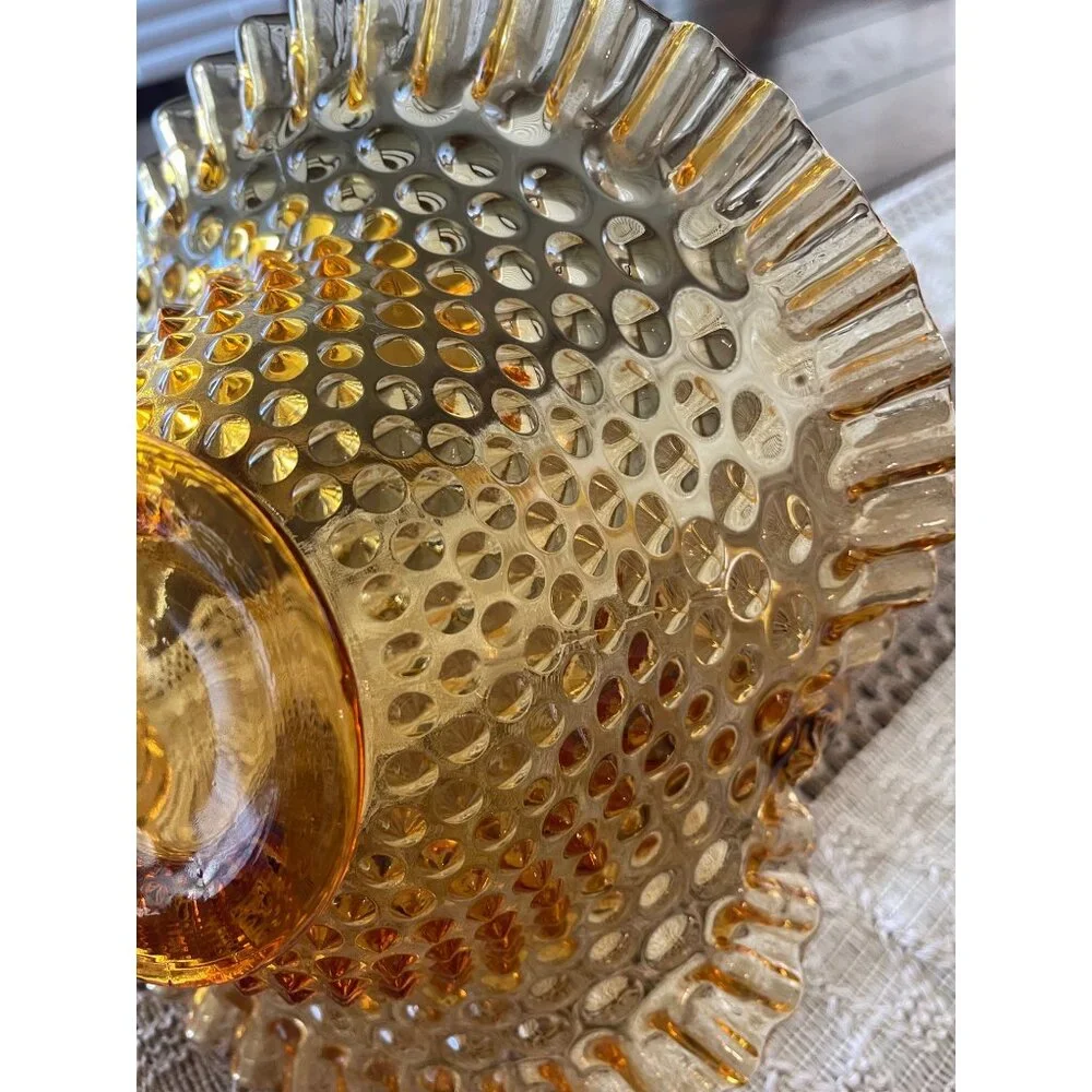 Fenton Hobnail Ruffled Bride Basket Amber Large